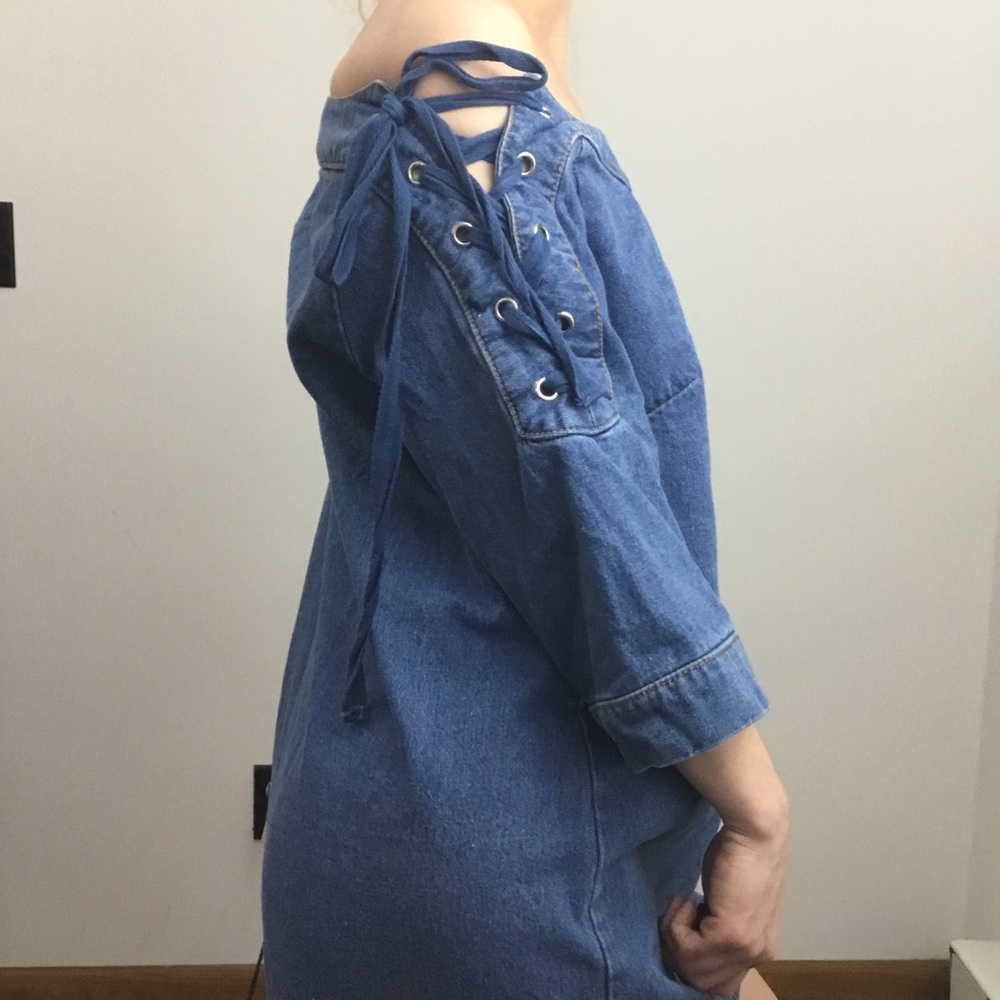 Maeve Denim Blue Lace Up Sleeve Shift Jean Dress - Picture 8 of 8